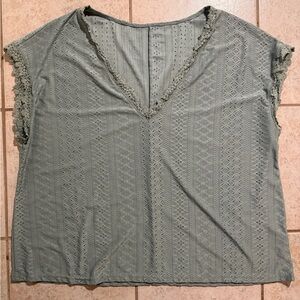 SHEIN Lace Trim V-Neck Blouse - Soft Green